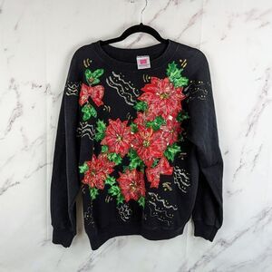 Vintage Poinsettia Christmas Ugly Sweater Black Glitter Homemade Size Large